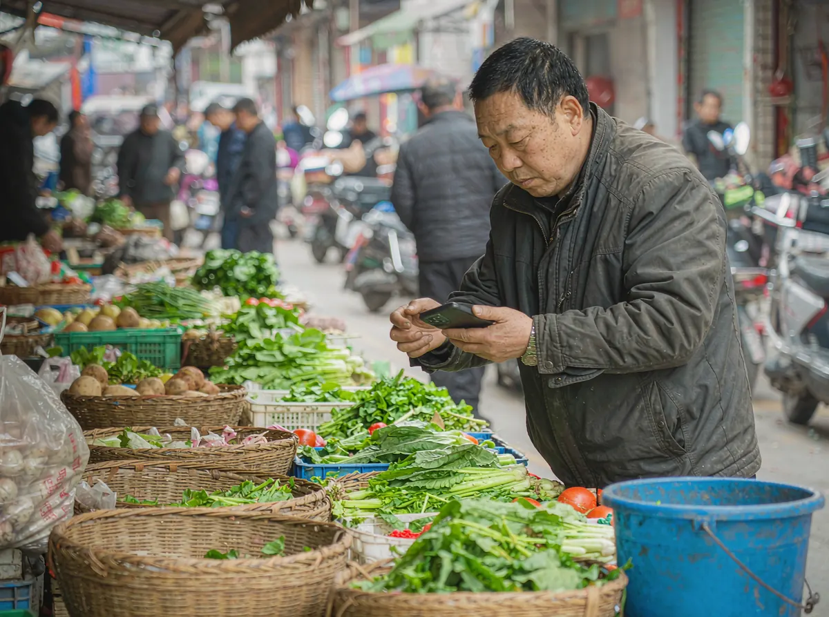 摊主在档口用手机查询行情