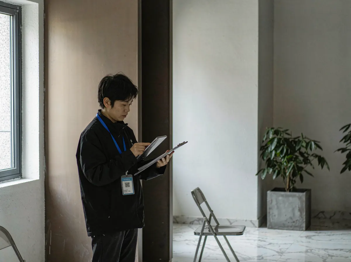 物业人员在小区大堂用平板巡检设施