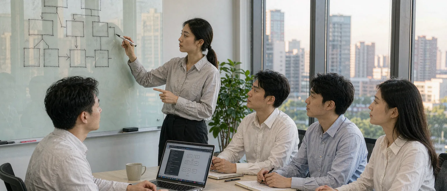 中国科技公司的评审会上,女工程师在白板前画模块连接图,四位同事围坐讨论