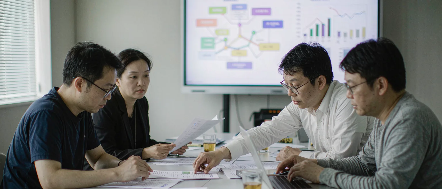中国政企单位会议室内,四位专业人员围坐评审信息化规划,背景大屏显示抽象网络拓扑与趋势图