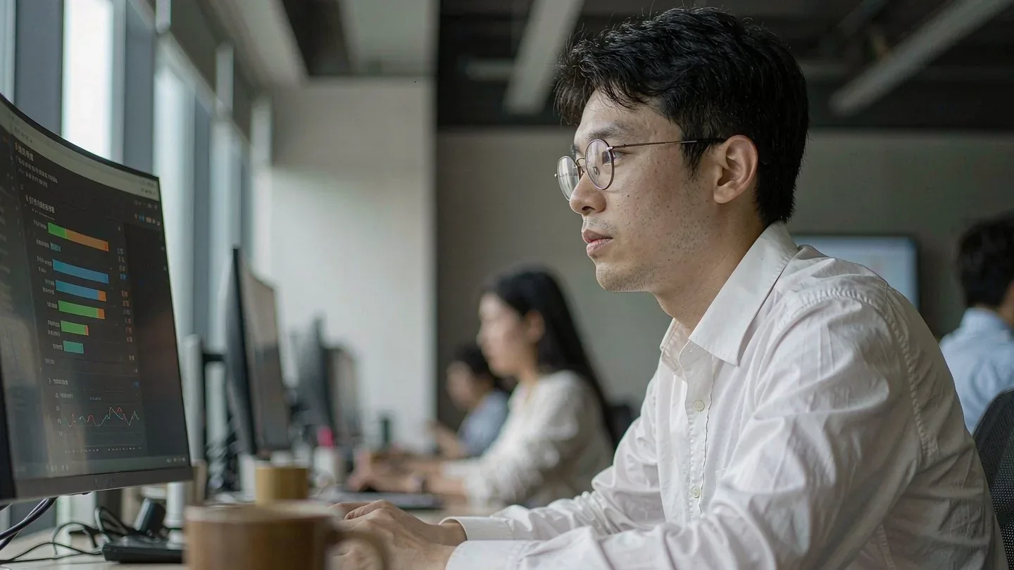 中国企业的工程师在多台显示器前查看评测榜单与各项指标对比数据
