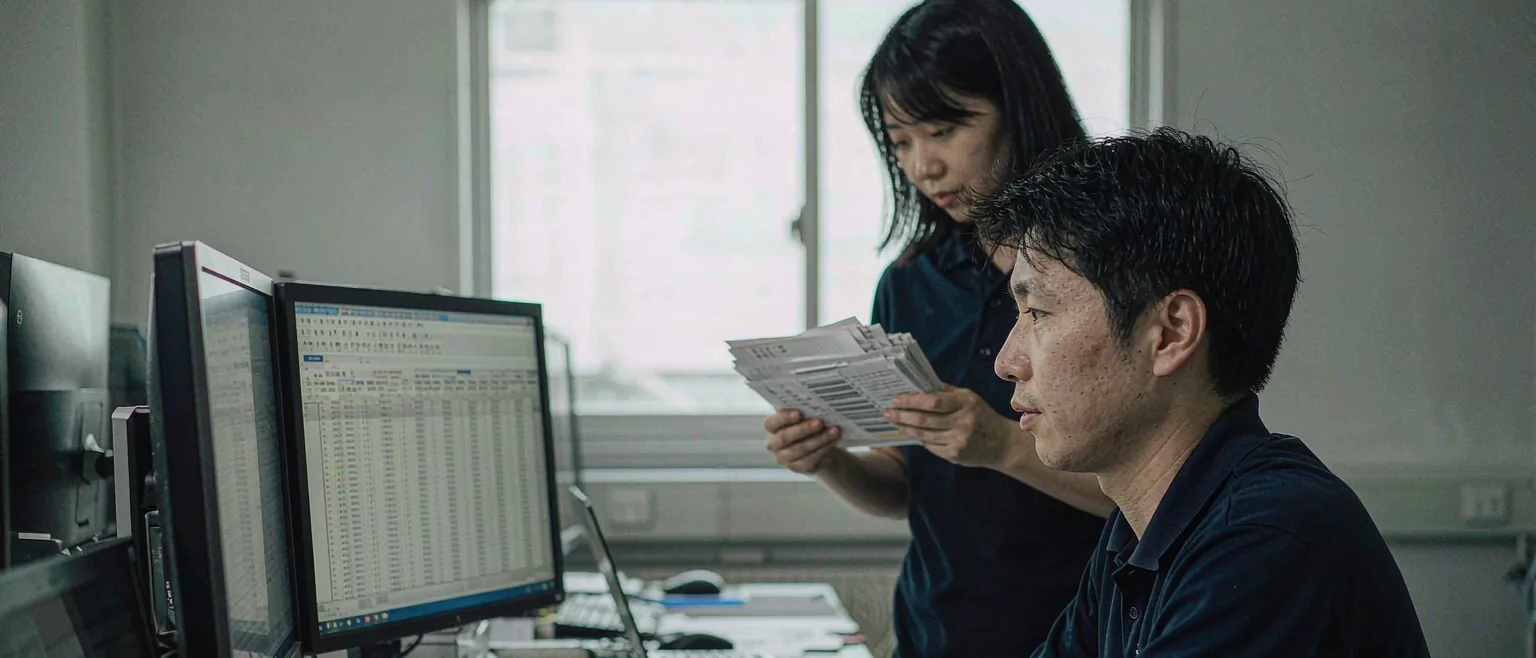 中国企业的评测实验室里,一位男工程师在多台显示器前比对测试结果,一位女同事手捧打印的题卡核对记录