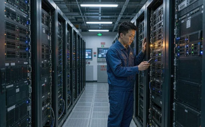中国工程师在数据中心机房检查本地部署的 AI 服务器机柜