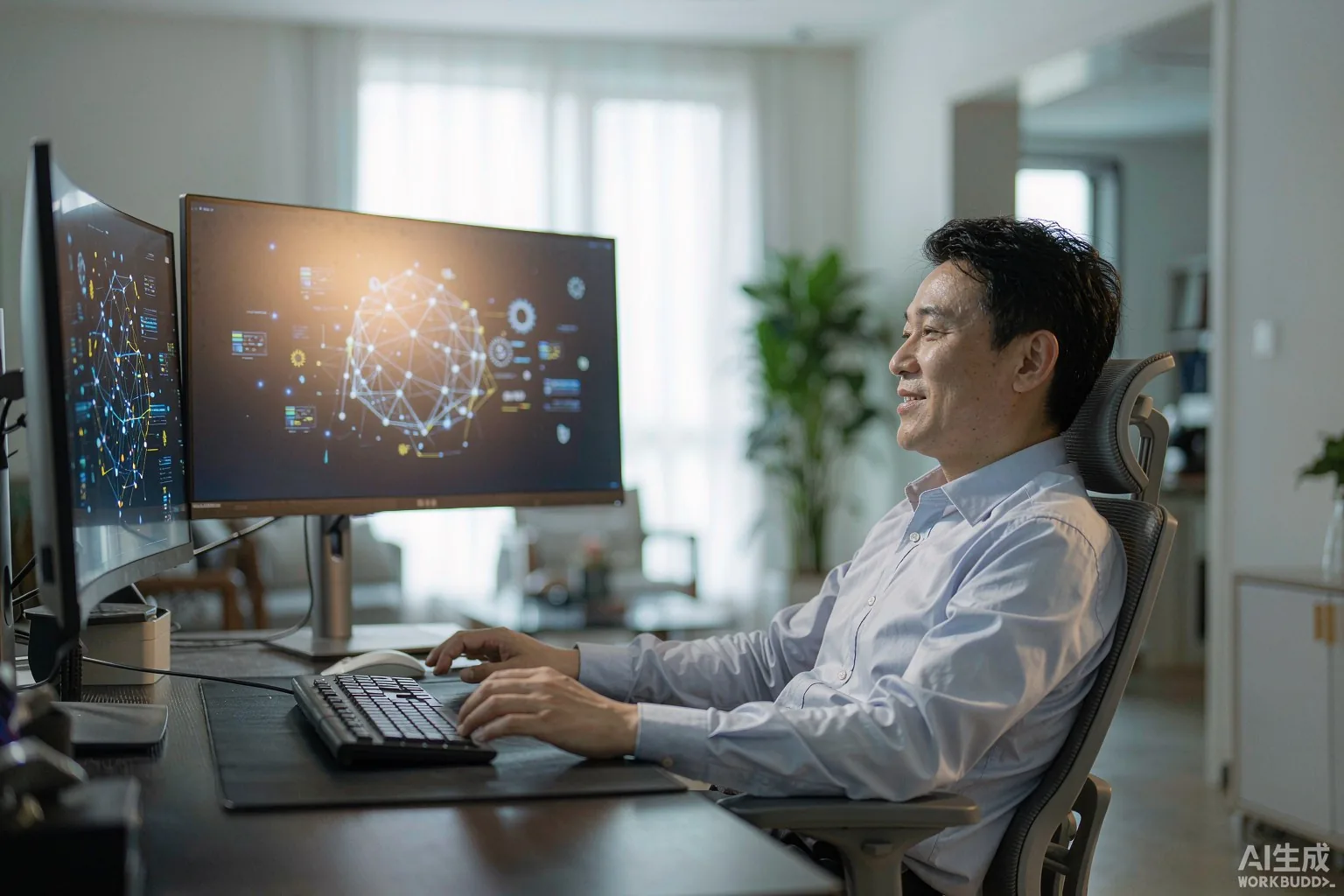 中国商务人士在办公室双屏工位上使用 AI 助手界面处理业务,神情从容