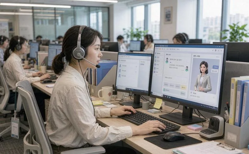 中国客服人员佩戴耳机在电脑前处理 AI 智能客服与数字人对话界面