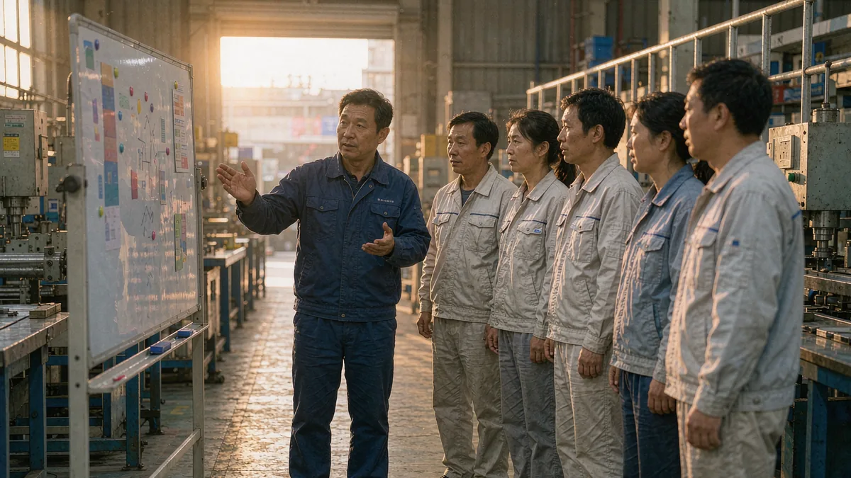 中国工厂车间里,一名班长站在白板旁向站成一排的工人讲解,晨光从车间大门照入