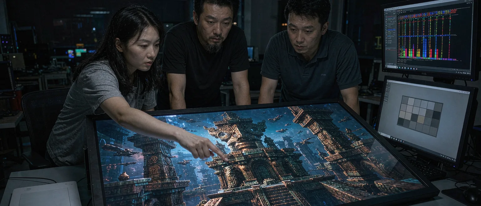 中国三维动画与视觉特效工作室里,三位美术师在巨大校色监视器前审看古蜀题材科幻画面