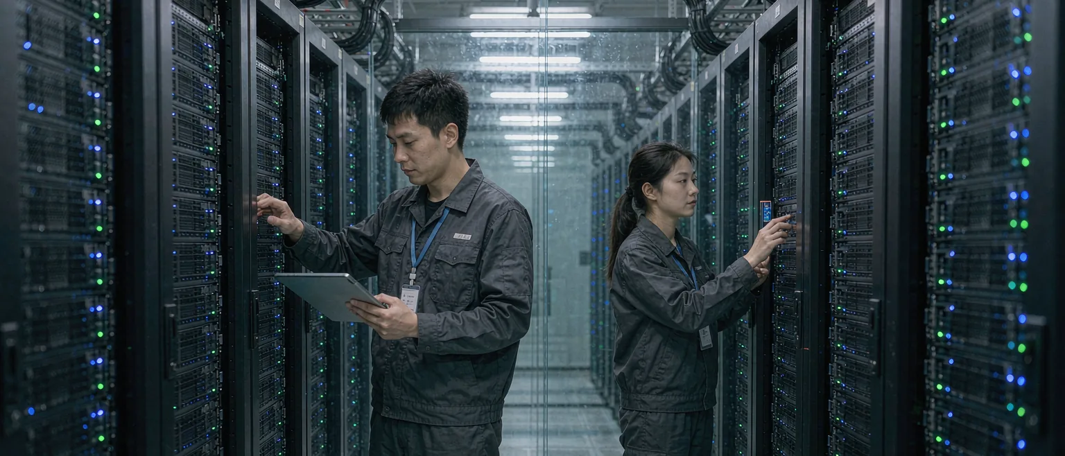 中国大型算力数据中心机房内,中国工程师手持平板电脑巡检GPU服务器机柜