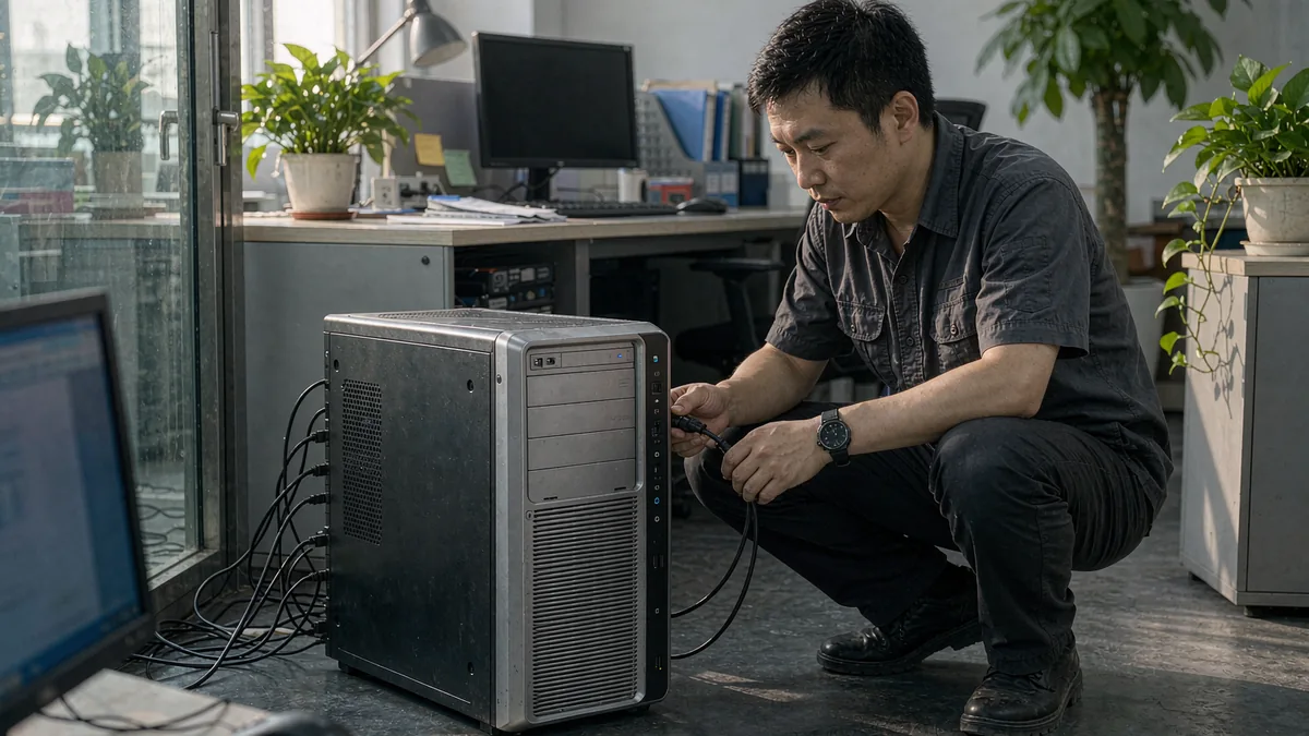 中国企业的办公区内,IT管理员在检查一台本地AI工作站服务器