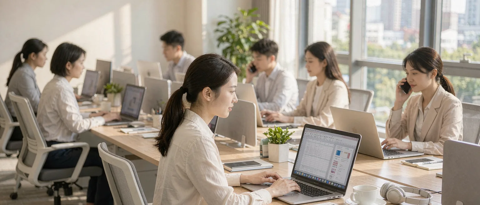 中国开放式办公室里,中国女性职员在笔记本电脑前处理表格与演示文稿