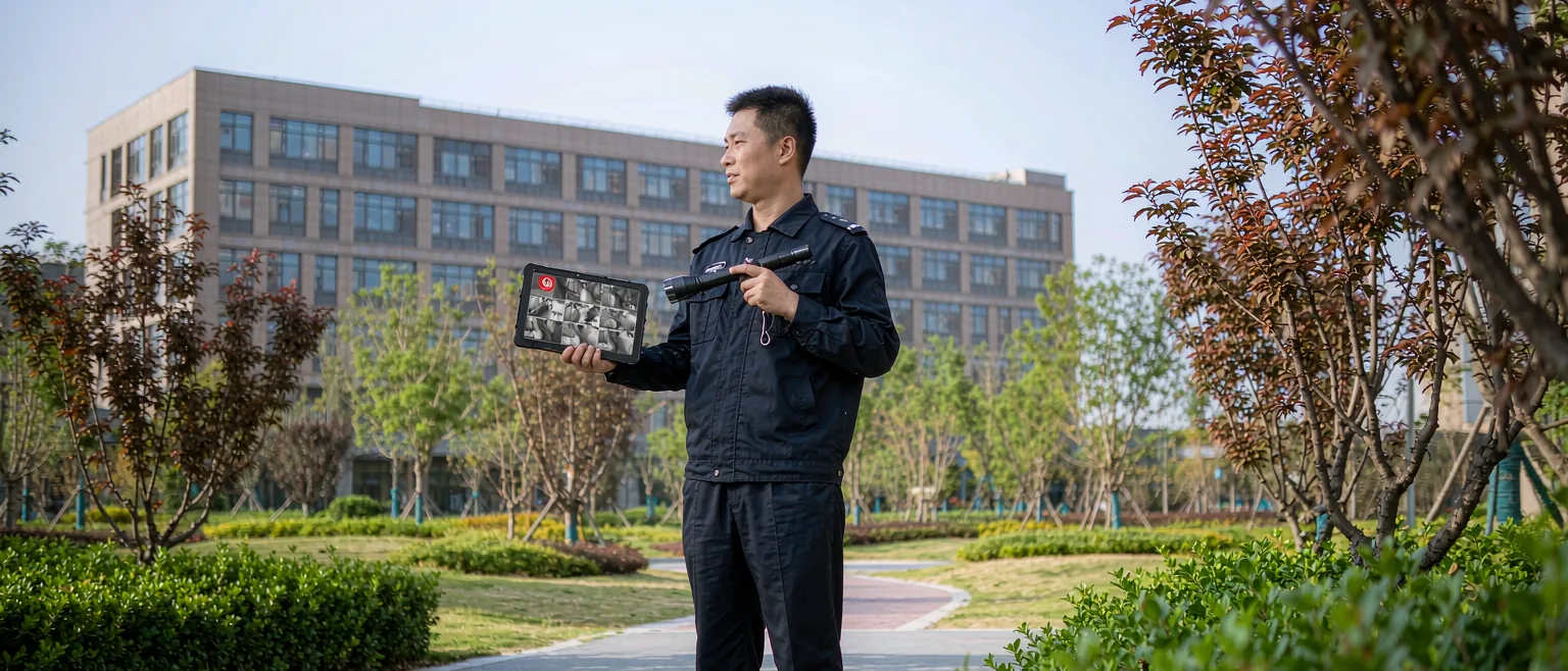 中国园区安保巡检人员手持平板站在步道上,平板上显示摄像头监控网格画面,白天自然光