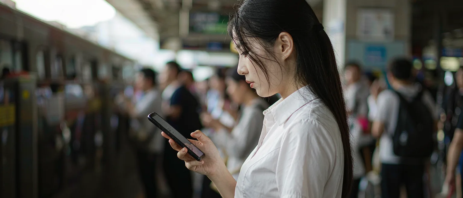 中国城市地铁站台上,一位年轻女白领在晨光中查看手机屏幕
