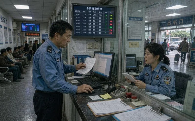 中国客运站调度员在班次看板前用系统调整发车排班并核对当日余票