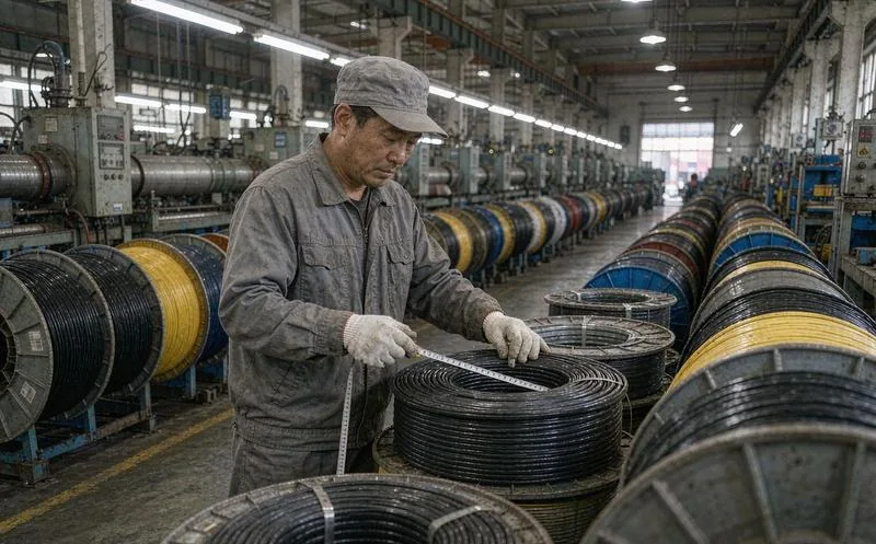 中国线缆厂质检员在成品盘区戴手套用卷尺核对米标并查看外观瑕疵