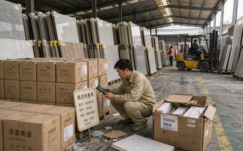 中国陶瓷砖堆场仓管员蹲在瓷砖垛前用手持终端扫码区分整包与拆零箱装