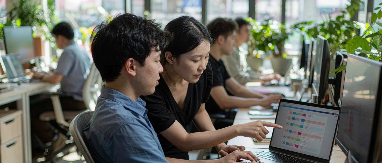 中国科技公司开放办公区里,中国员工在电脑前查看 AI 助手在浏览器中自动执行任务的进度
