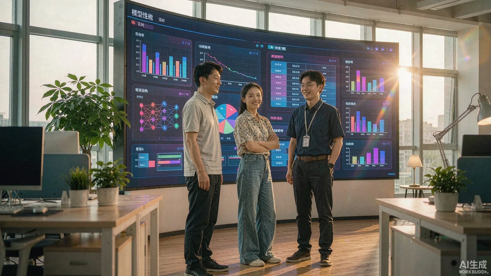 中国科技公司的中国工程师团队在现代办公室大屏前讨论大模型性能看板