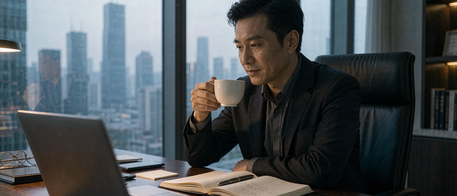 中国管理者清晨在高层办公室查看笔记本电脑上的日程与待办,窗外是城市晨雾