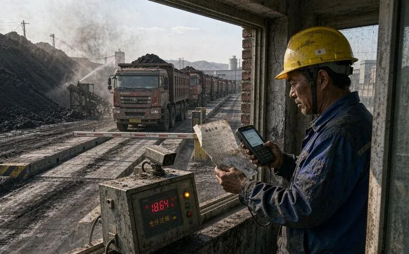 中国煤炭磅房过磅员在窗前把化验单热值数据录入手持终端,身后运煤车排队