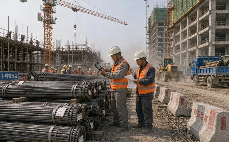 中国工地材料员在钢筋堆放区按领料单发料并手持终端扫描钢筋捆标签