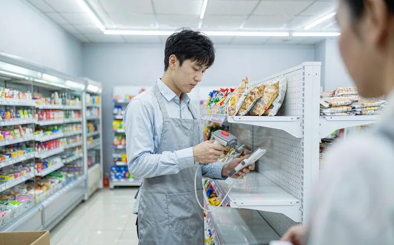 中国连锁门店收银员在收银台为顾客聚合扫码结账