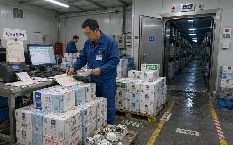中国乳制品经销商仓库管理员把成箱乳制品按批次清点做退货登记并区分破损箱