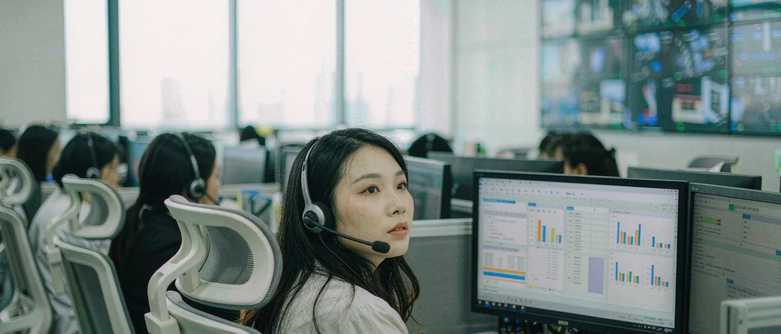 中国客服运营中心里,戴耳麦的女主管在工位前查看工单队列与墙上的监控大屏