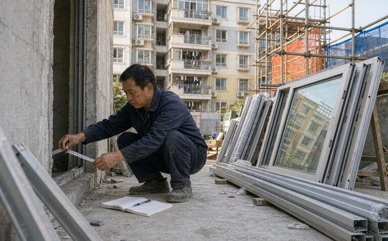 中国门窗厂测量师傅在住宅楼下单量洞口尺寸并把数据记入手持终端
