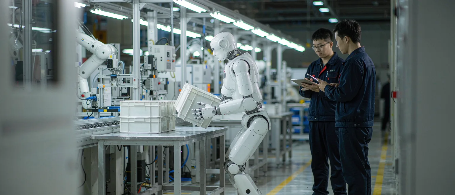 中国智能制造车间里,一台白色人形机器人搬运物料箱,两位中国工程师在安全线外记录数据