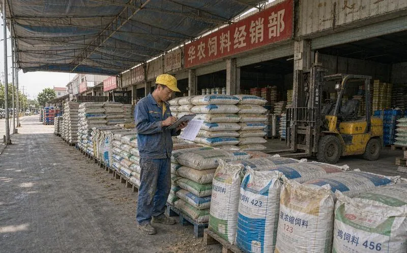 中国饲料经销店员在成袋饲料堆场前用平板电脑核对出库单与赊销账