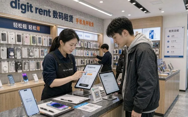 中国数码租赁门店店员用平板为客户办手机免押租赁签约并展示租金分期明细