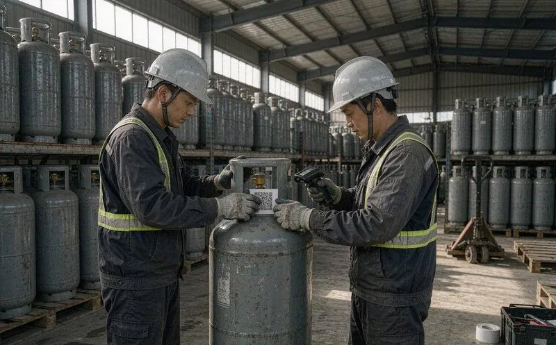 中国燃气仓库工作人员为钢瓶粘贴二维码标签并扫码登记