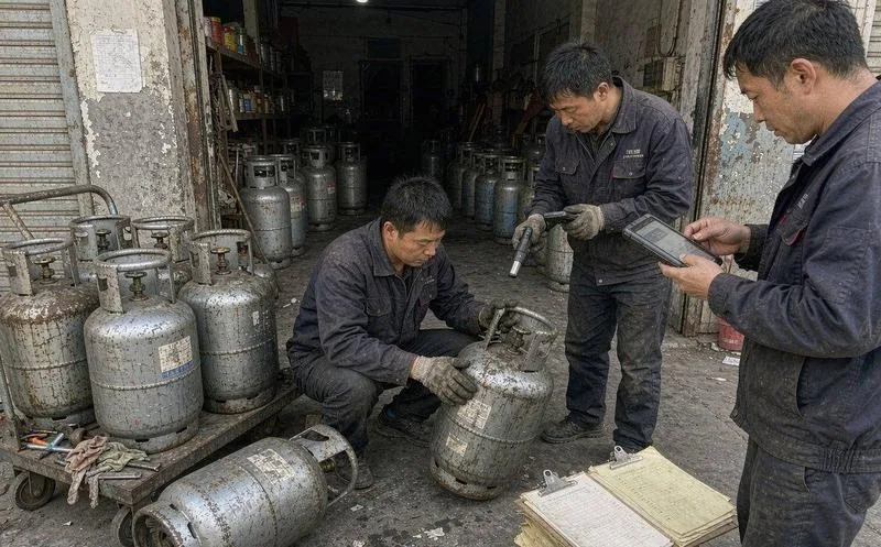 中国气站工作人员扫描回收的液化气空瓶并登记客户信息