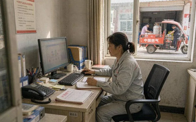 中国送气工使用手持终端 PDA 扫码气瓶并查看配送路线