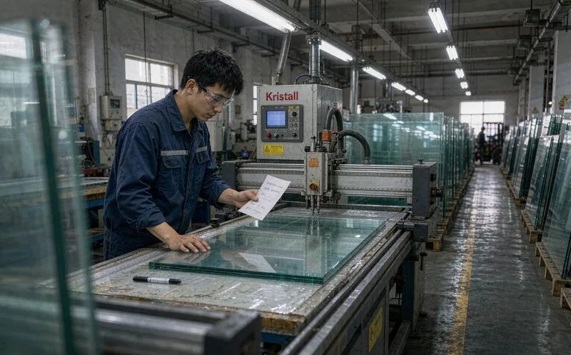 中国玻璃深加工车间工人按订单尺寸标签在切割线旁核对刚裁下的玻璃板材
