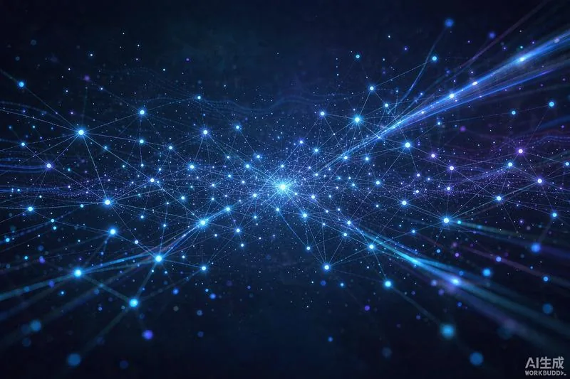 深蓝色调的抽象 AI 神经网络与数据流可视化