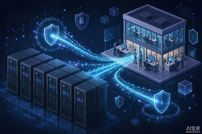 企业私有化部署 AI 的概念插画,数据中心与办公场景以蓝色调呈现