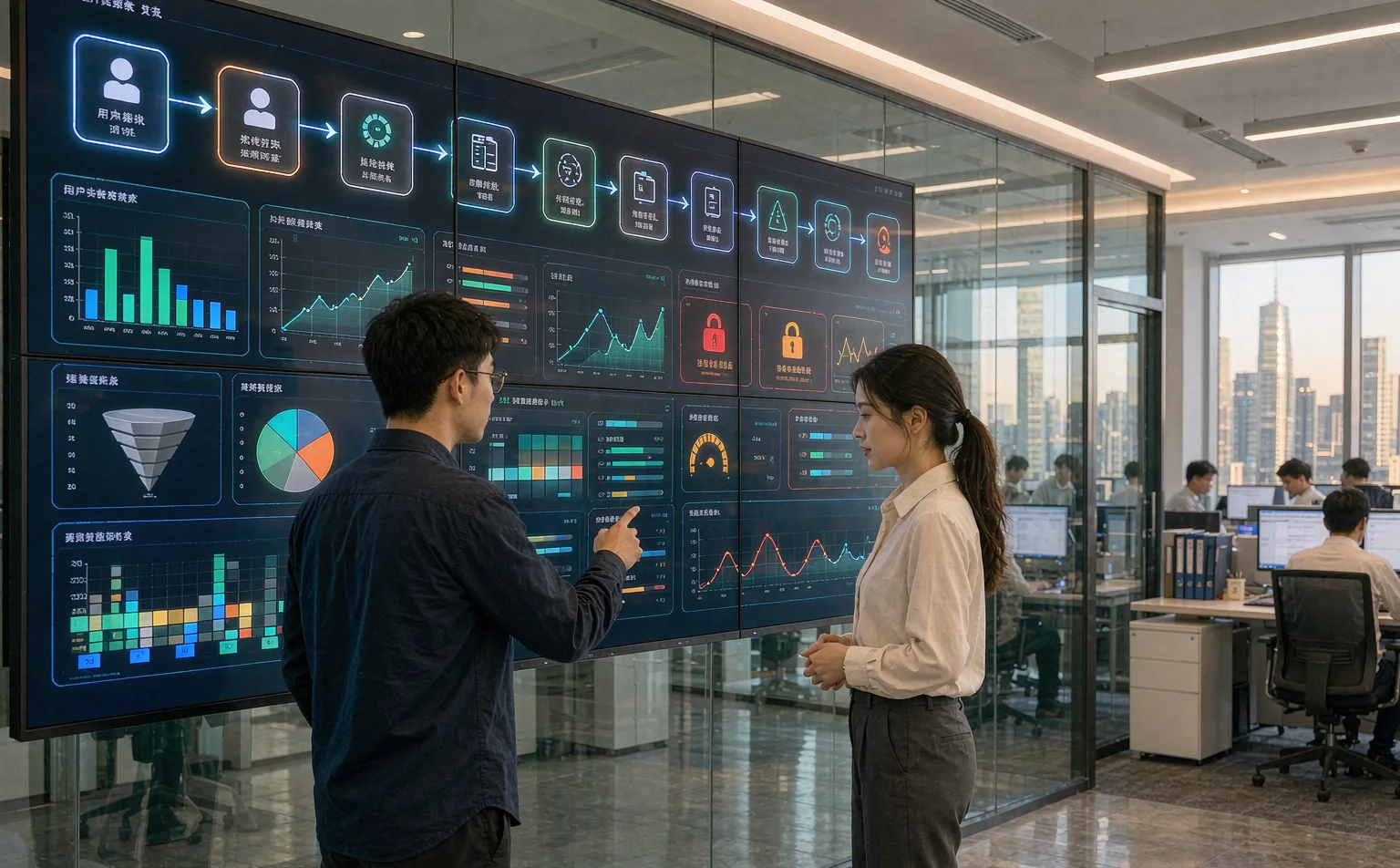 中国金融科技公司运营中心,团队成员在实时决策看板前分析自动化决策流与风险预警