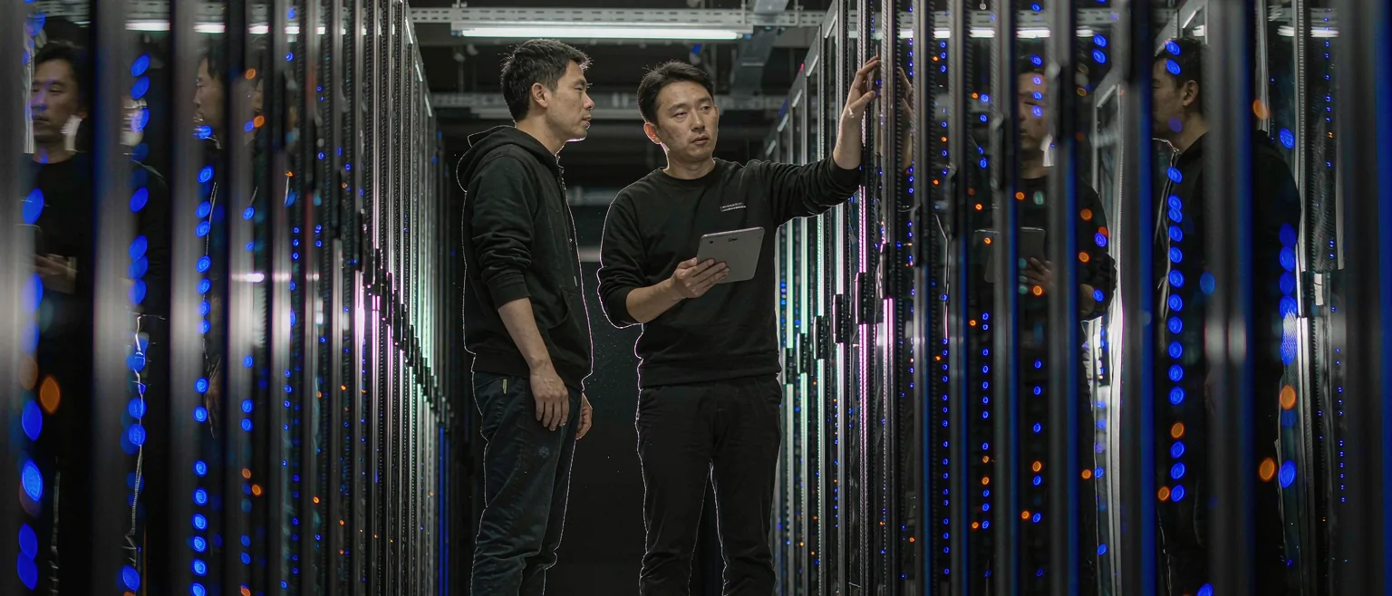 中国人工智能实验室的机房走廊里,两位工程师在 GPU 机柜前核对运行状态