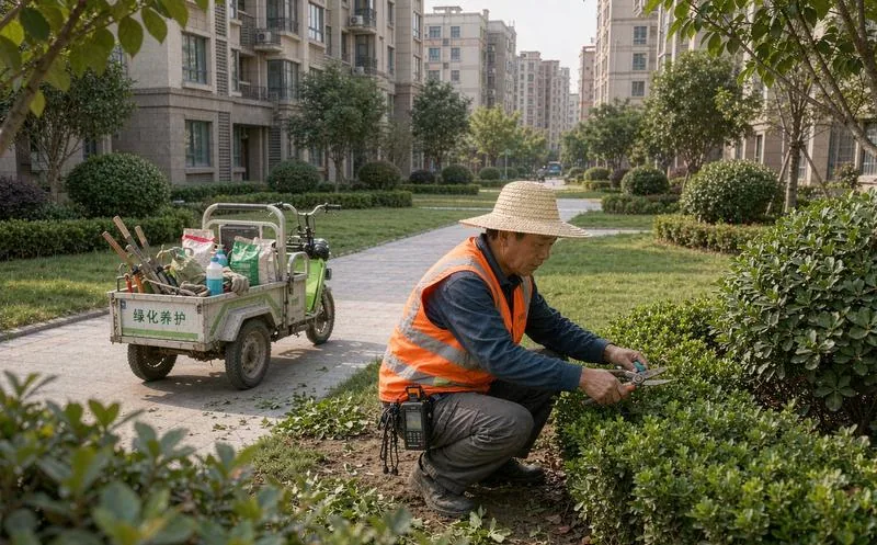 中国园林养护工在小区绿化带修剪灌木并佩戴工单打卡机