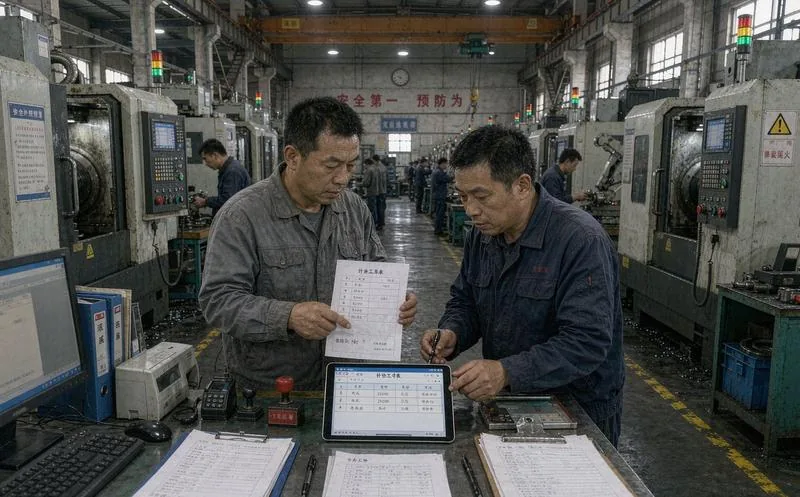 中国机械加工车间调度员在机床群前把外协加工任务单派给班组长并核对计件工时