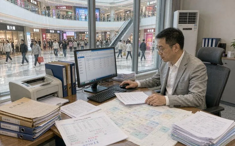 中国商场运营经理在办公桌前用终端核对铺位租金单与水电分摊明细