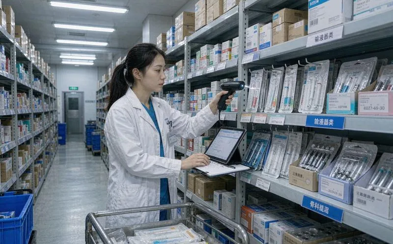 中国医院器械科人员在库房用扫码枪扫描医用耗材包装条码并核对效期