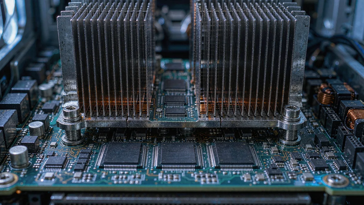 服务器内部 GPU 加速卡的散热鳍片与电路板微距特写
