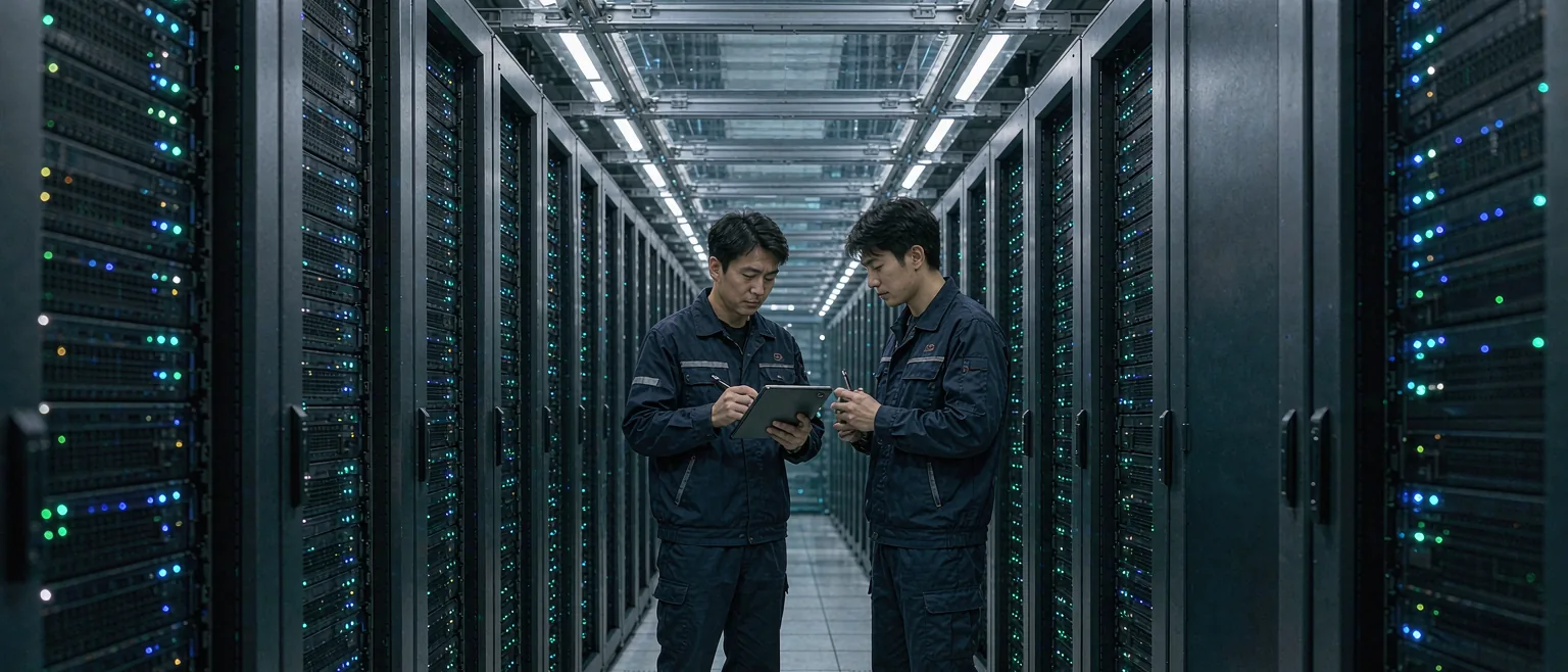 两位中国工程师在数据中心冷通道内巡检服务器机柜,机柜指示灯密集闪烁