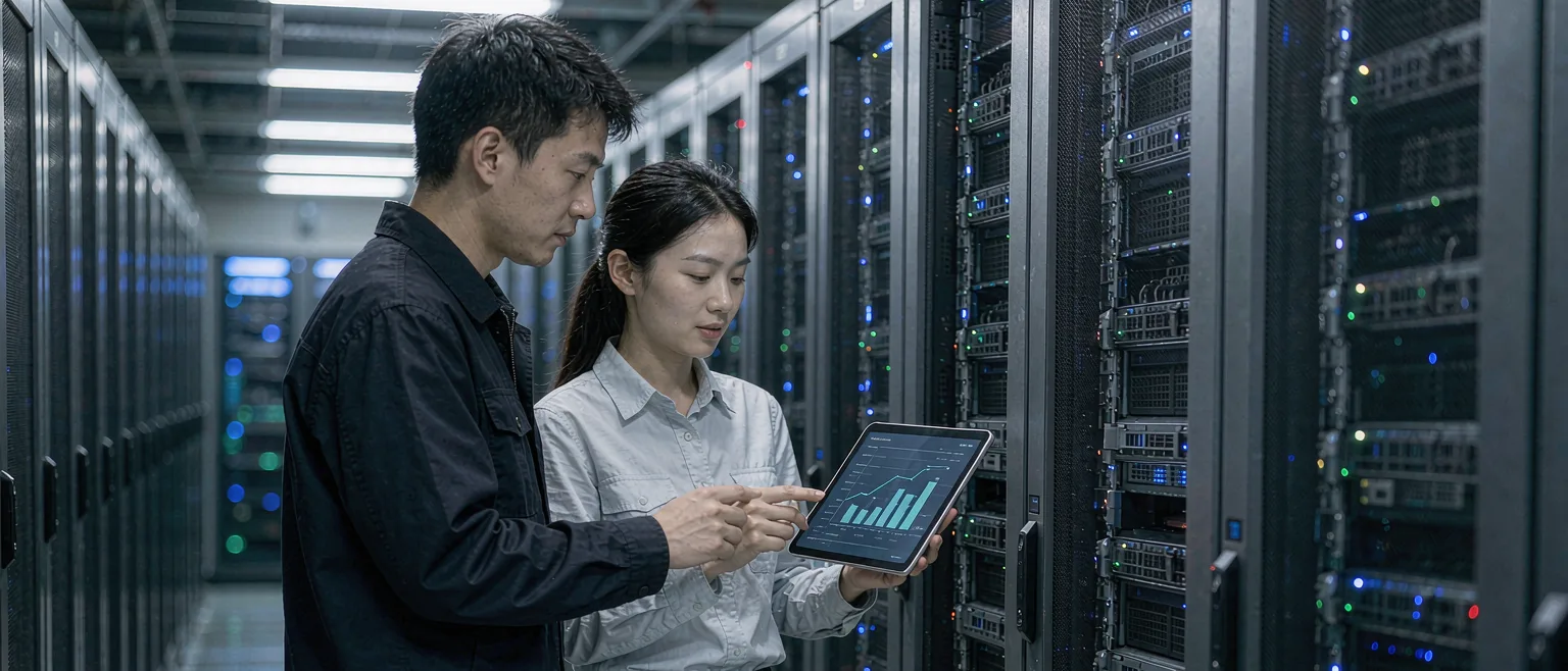 中国数据中心冷通道内,两位专业人员在机柜旁用平板核对算力与成本数据