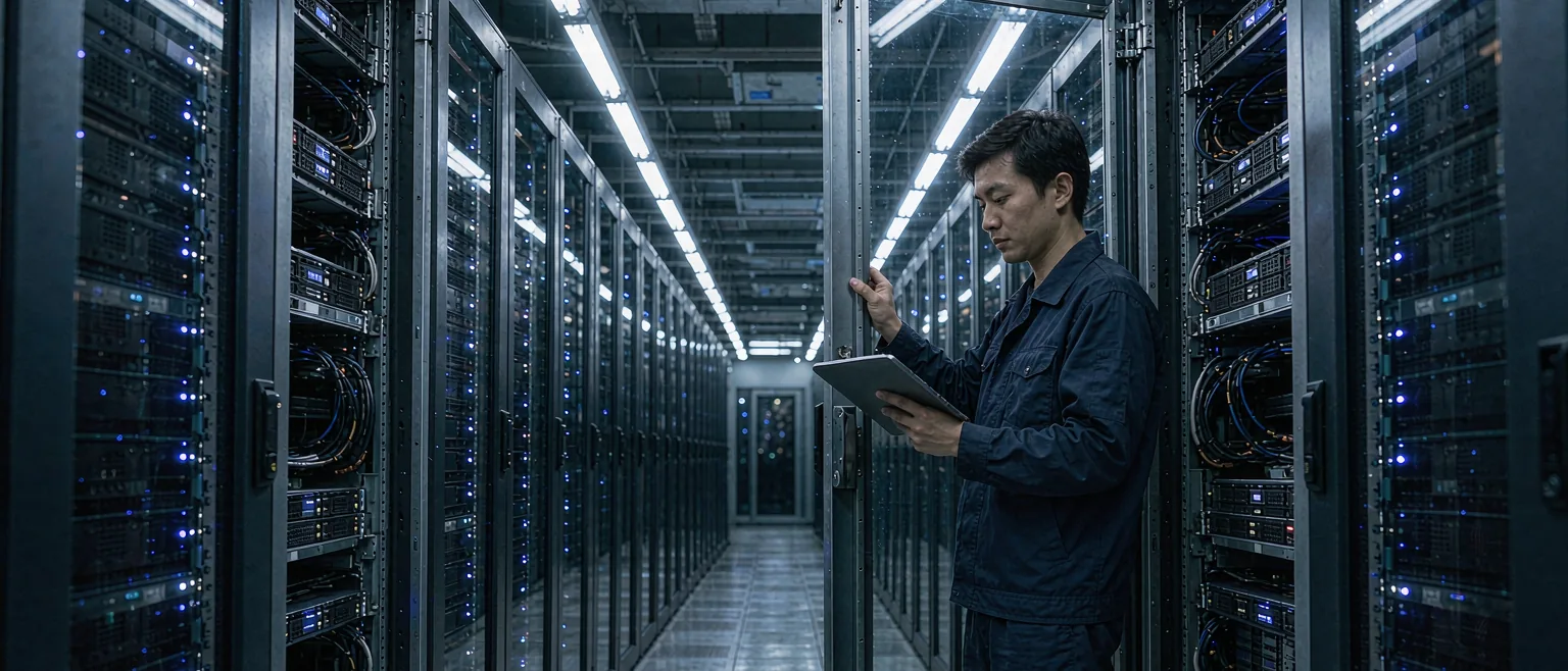 中国工程师站在数据中心冷通道内,机柜指示灯成排亮起,他手里的平板显示运行状态