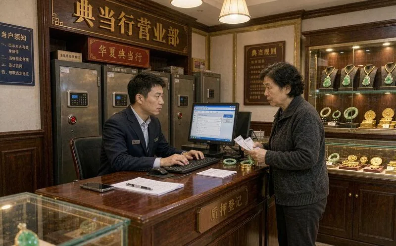 中国典当行柜员在柜台后录入当物质押信息,对面当户手持当票站在木质柜台前