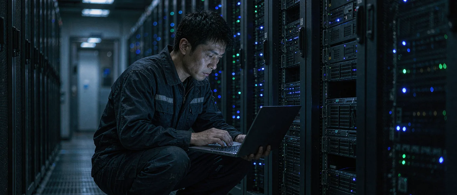 深夜的数据中心里,中国运维工程师蹲在机柜前用笔记本电脑处理紧急升级