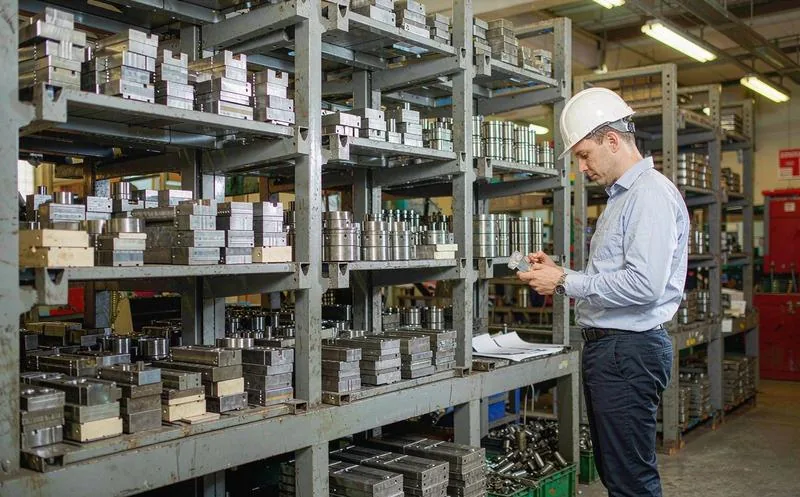 注塑车间模具架与工程师检查塑件